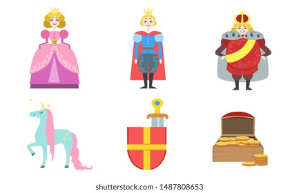 Cute Fairy Tales Characters Set, Princess, Prince, King, Unicorn, Shield and Sword, Chest Full of Gold Vector Illustration