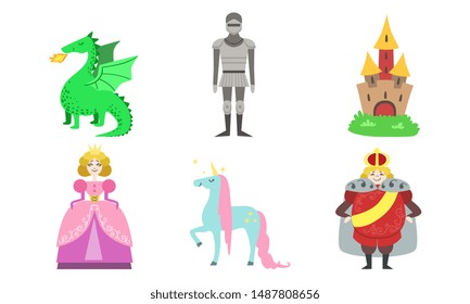 Cute Fairy Tales Characters Set, Princess, Prince, Unicorn, Dragon, Knight, Castle, Vector Illustration