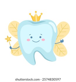 Cute fairy tooth character with magic wand. Oral care, mouth hygiene, teeth restoration concept cartoon vector illustration