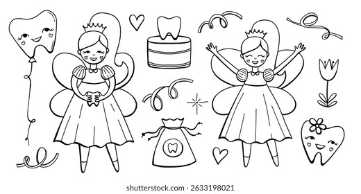 Cute fairy tooth character vector set. Adorable flying girls in line art for child dental design. Kids dental coloring page