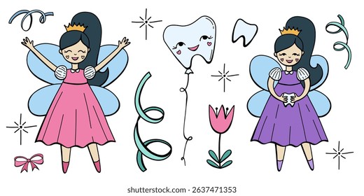 Cute fairy tooth character vector set. Adorable doodle flying girl for child dental design. Kids dental care