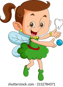 The cute fairy tooth is holding the tooth of illustration