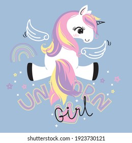 Cute fairy unicorn cartoon isolated on blue background illustration vector.