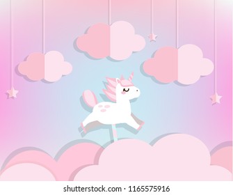 Cute fairy unicorn flying in pink clouds and stars in soft blue sky. Background in paper cut, paper craft style. Template for baby, kids and nursery design, invitations, banners