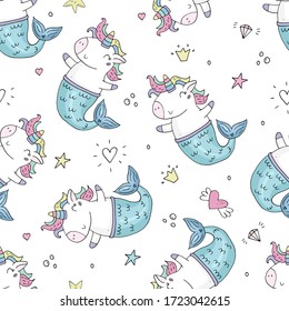 Cute fairy unicorn with mermaid tail and a rainbow mane. Magic funny mermaid. Vector doodle illustration. Seamless vector pattern