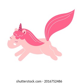 Cute fairy unicorn, nursery decor, baby clothes print, poster. Vector illustration in flat style isolated on white background, child character, pony, horse