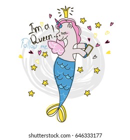 Cute fairy unicorn with phone. Magic funny mermaid. Vector doodle graphic. Illustration for fashion design