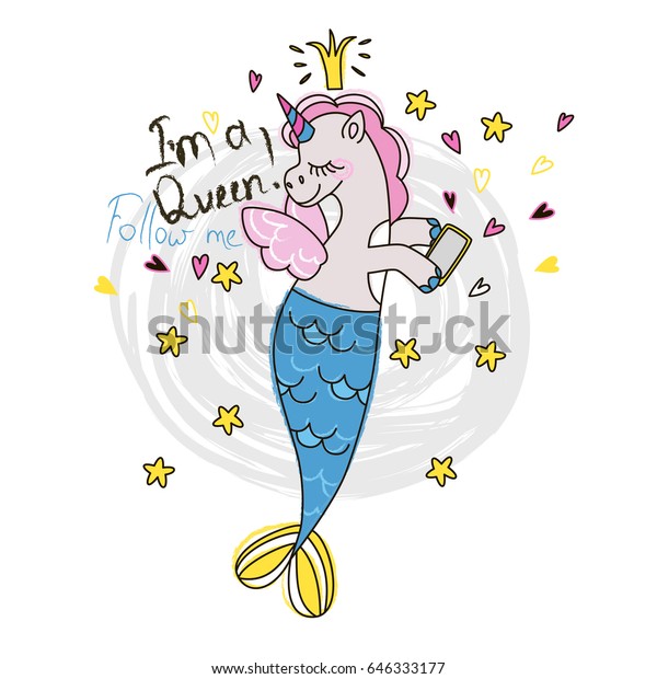 かわいい妖精のユニコーンと電話 不思議な人魚のひいさま ベクター画像落書き風グラフィック ファッションデザインのイラスト のベクター画像素材 ロイヤリティフリー