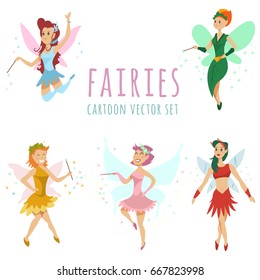 Cute fairy vector cartoon set. Funny flying girl character with butterfly wings and magic dust. Illustration of a tale princess isolated on white background.
