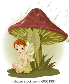 Cute Fairy wearing rain gear under mushroom