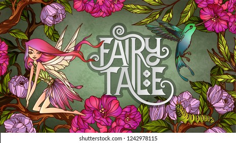 Cute fairy with with wings an flying colibri  in front of floral background