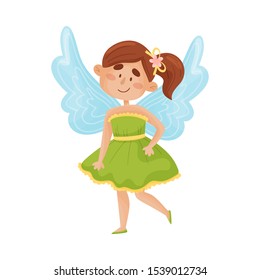 Cute fairy with wings in a green dress. Vector illustration on a white background.
