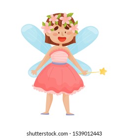 Cute fairy with wings in a magnificent pink dress. Vector illustration on a white background.