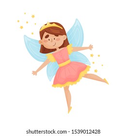 Cute fairy with wings in a pink dress. Vector illustration on a white background.