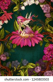 Cute fairy with with wings siting on a flower in front of floral background