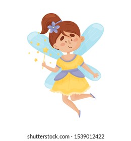 Cute fairy in a yellow dress hold a magic wand. Vector illustration on a white background.