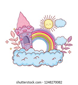 cute fairytale castle and rainbow in the cloud