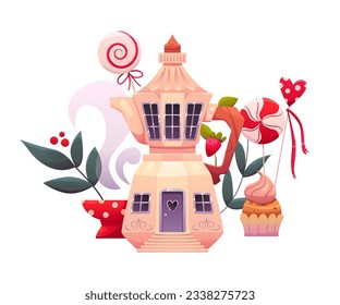 Cute Fairytale Coffee House in Garden. Geyser Coffee Maker with Sweets, Candies, Cupcake, Mug of Coffee. Vector Illustration in Cartoon Style. 