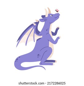 Cute fairytale dragon with butterfly on nose. Fairy tale dinosaur. Adorable sweet baby dino animal. Fantasy magic kids character. Childish flat vector illustration isolated on white background