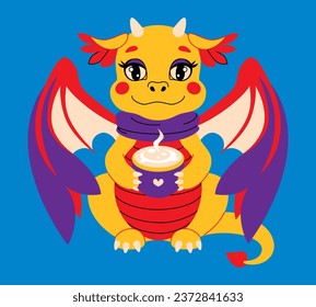 Cute fairytale dragon with a cup of cappuccino on blue background . Symbol of Chinese New Year 2024. Vector illustration in flat modern style for greeting card, banner, t-shirt.