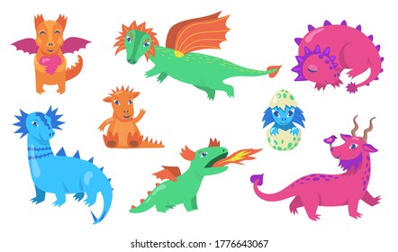 Cute fairytale dragons flat icon set. Cartoon baby dinosaurs for kids clipart vector illustration collection. Monsters and medieval fantasy reptiles concept