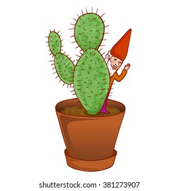 cute fairytale dwarf hiding behind a cactus