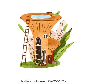 Cute fairytale fantasy house in mushroom. Luxury fairy tale dwarf home with pool on roof. Tiny forest gnome building in dream nature. Kids flat graphic vector illustration isolated on white background