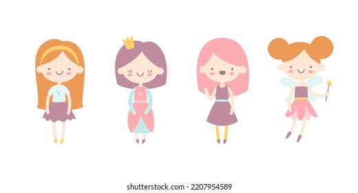 Cute fairytale girls collection. Pretty little stylized girls set. Girly characters.