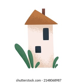 Cute fairytale home, medieval tower with chimney, windows. Small tiny fairy tale house with plants. Outside of fantasy building. Childish flat vector illustration isolated on white background