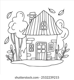 	
cute fairytale house. cozy autumn landscape, doodle coloring book