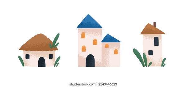 Cute fairytale house, home, castle and tower. Abstract childish buildings set. Tiny fairy tale constructions for childrens fiction. Kids flat vector illustrations isolated on white background