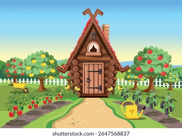 Cute fairytale house with a vegetable garden, white fence, garden path, apple trees, vegetables and berries in the beds. Vector illustration.