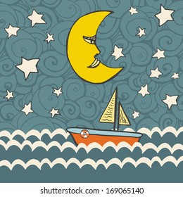 Cute fairytale illustration with dark ocean with waves, boat, moon, stars and abstract background.