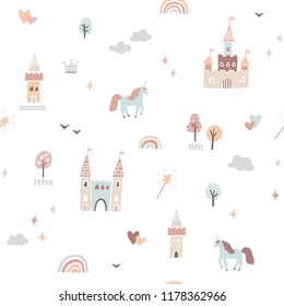 Cute fairytale pattern with castles and unicorns