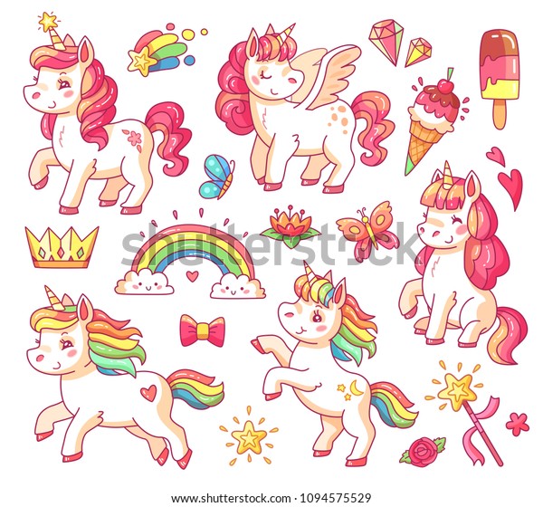 かわいいおとぎ話のピンクの空飛ぶ虹のペガサスシールのベビーユニコーンで 金星と甘いアイスクリームがついています 魔法のおとぎ話の小さなポニー空想ユニコーンの漫画のベクターイラストセット のベクター画像素材 ロイヤリティフリー 1094575529