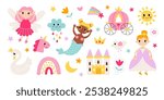 Cute fairytale princess in pretty dress, forest fairy elf with wings, underwater mermaid with tail characters, rainbow, carriage, castle and other fantasy accessories vector illustration set