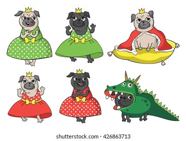 Cute fairytale pugs (king, princess, dragon). Vector hand drawn cartoon illustrations isolated on white background.
