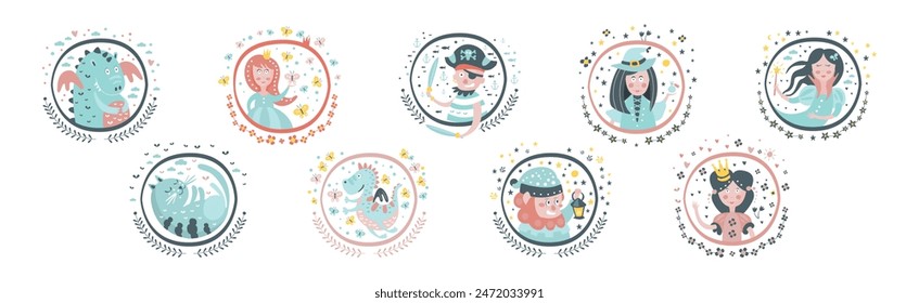 Cute Fairytale Round Sticker with Character Vector Set