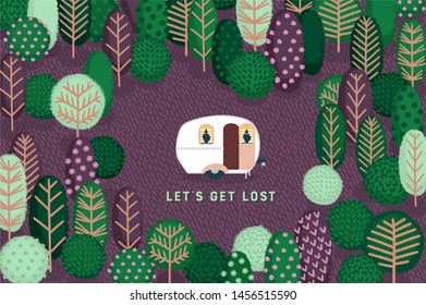 Cute fairytale scene with camping caravan among trees. Moody summer forest with purple background. Perfect for posters, cards, wallpaper, textile design, game environment. Lettering "let's get lost"