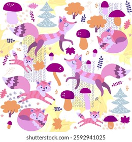 Cute fairytale seamless pattern with foxes in autumn forest. Design for kids. Print for fabric