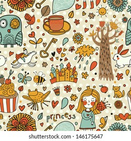 Cute fairytale seamless pattern with little princess, horse, magic tree, castle,  frog, key, cake. Sweet vector background can be used in birthday design, children bedroom.