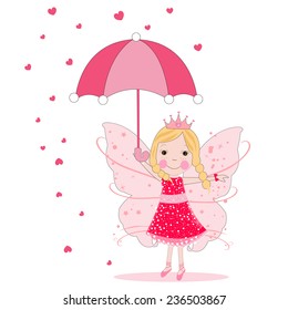 Cute fairytale with umbrella and heart rain vector 