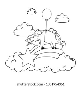 cute fairytale unicorn with balloon helium and rainbow