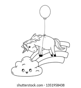 cute fairytale unicorn with balloon helium and rainbow