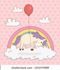 cute fairytale unicorn with balloon helium and rainbow