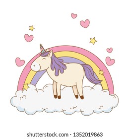 cute fairytale unicorn with balloons helium and rainbow