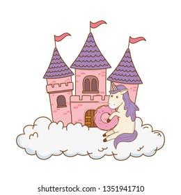 cute fairytale unicorn with castle in the clouds