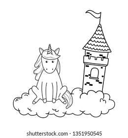 cute fairytale unicorn with castle in the clouds