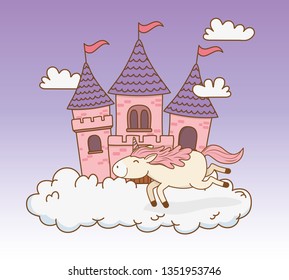 cute fairytale unicorn with castle in the clouds