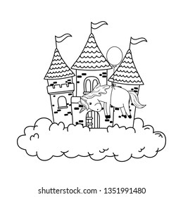 cute fairytale unicorn with castle in the clouds